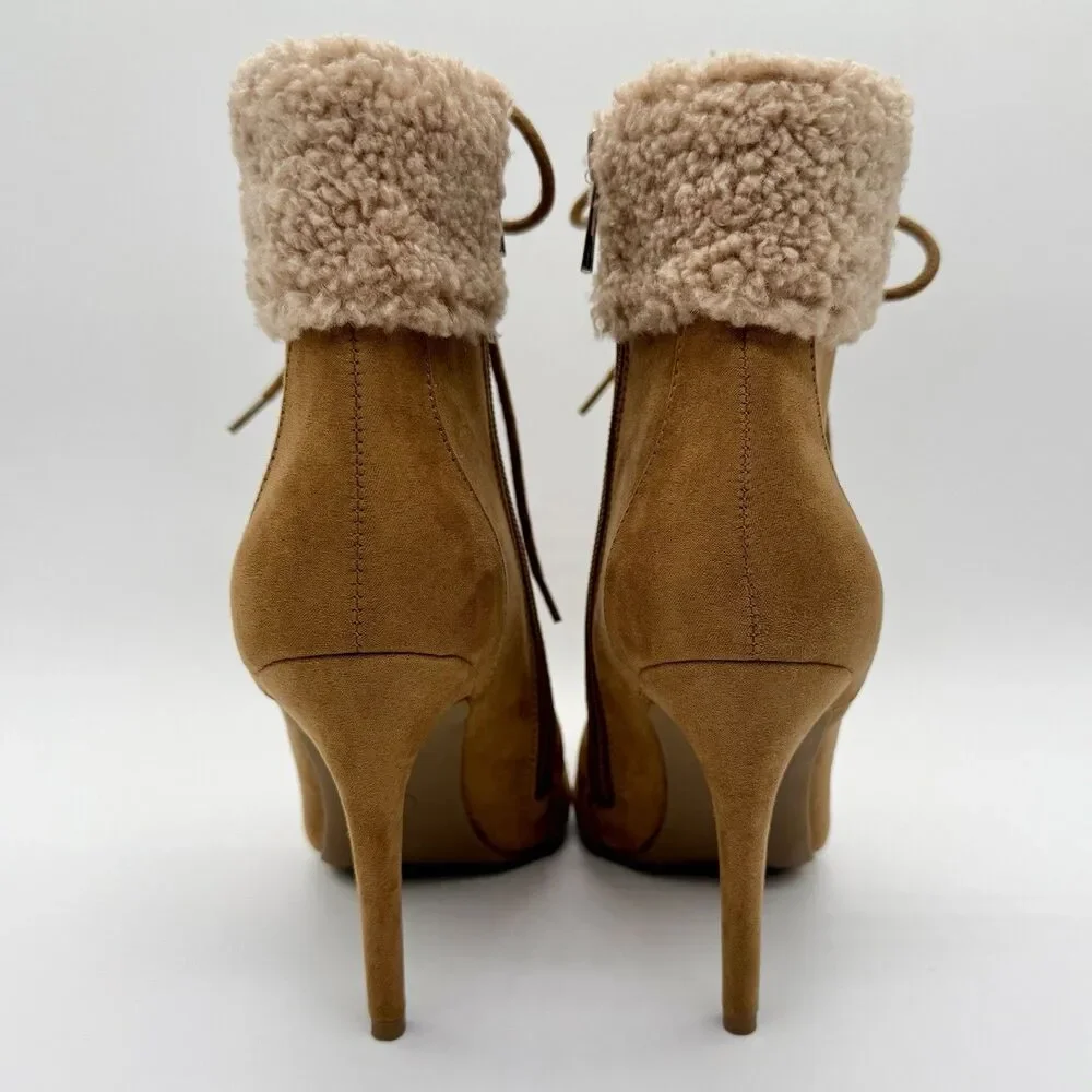 JESSICA SIMPSON Ankle Boots Women's Sz 5.5 Tan Stiletto Heel Vegan Faux Fur Cuff